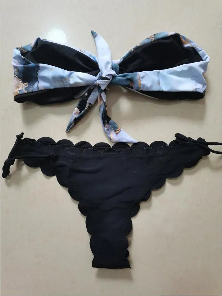 Women’s Leopard Print Push-Up Bikini Set – Sexy Lace-Up Bandeau & Ruffled Thong Swimsuit.