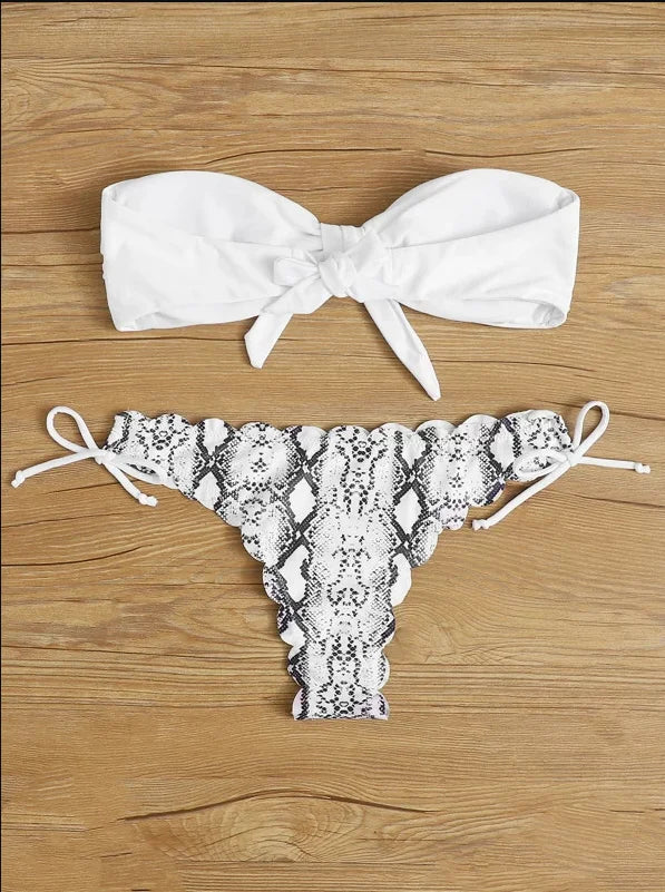 Women’s Leopard Print Push-Up Bikini Set – Sexy Lace-Up Bandeau & Ruffled Thong Swimsuit.