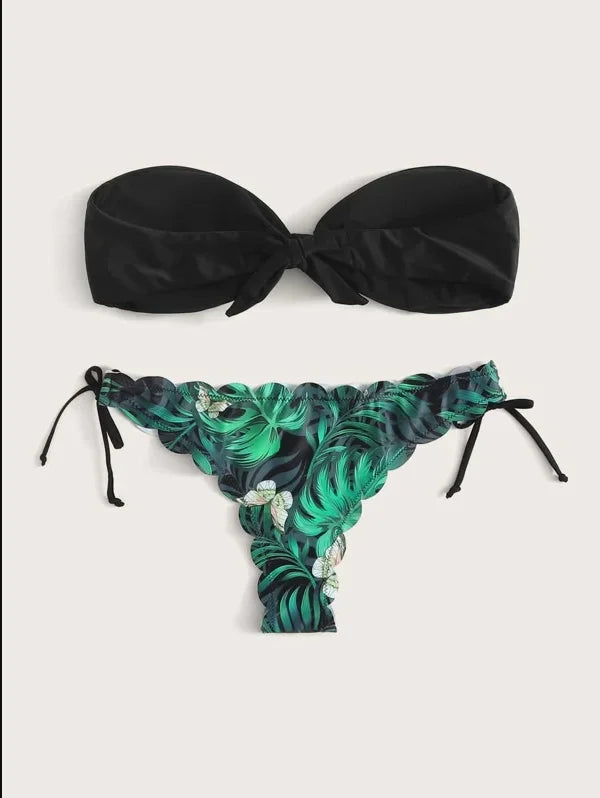 Women’s Leopard Print Push-Up Bikini Set – Sexy Lace-Up Bandeau & Ruffled Thong Swimsuit.