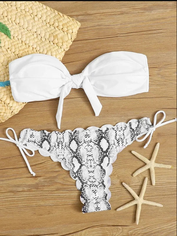 Women’s Leopard Print Push-Up Bikini Set – Sexy Lace-Up Bandeau & Ruffled Thong Swimsuit.