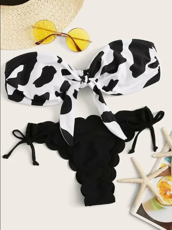 Women’s Leopard Print Push-Up Bikini Set – Sexy Lace-Up Bandeau & Ruffled Thong Swimsuit.