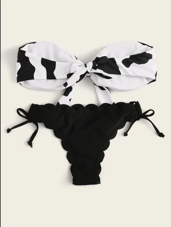 Women’s Leopard Print Push-Up Bikini Set – Sexy Lace-Up Bandeau & Ruffled Thong Swimsuit.