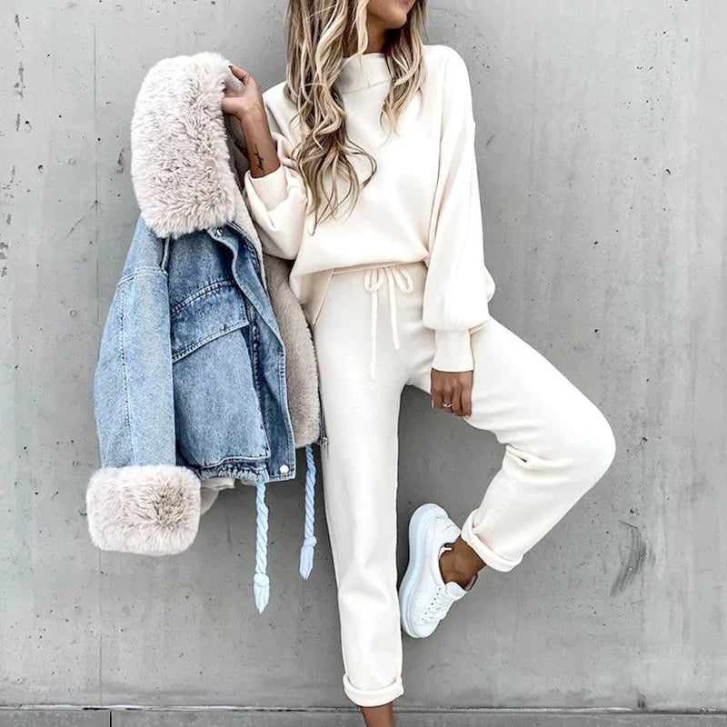 2025 Autumn and Winter Women's Sweater High Collar Casual Pure Color Trousers Two-piece Set