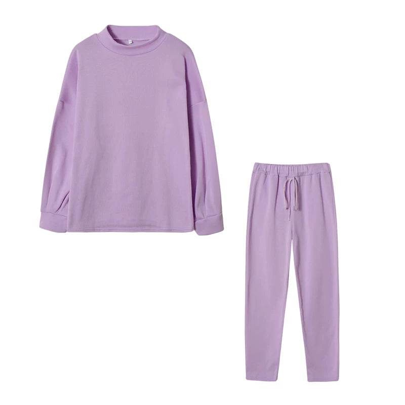 2025 Autumn and Winter Women's Sweater High Collar Casual Pure Color Trousers Two-piece Set
