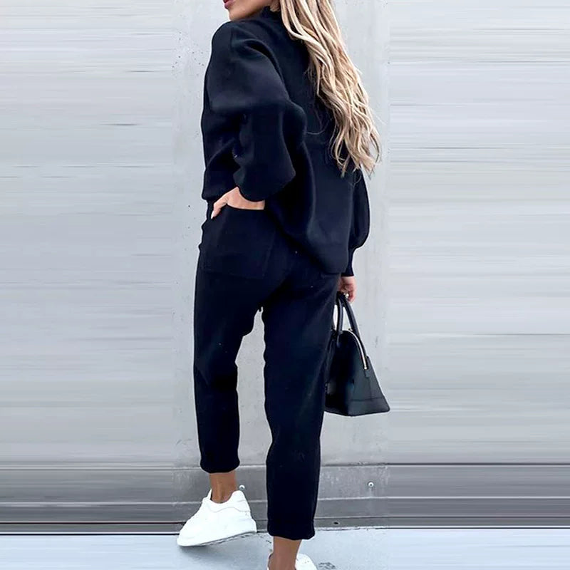 2025 Autumn and Winter Women's Sweater High Collar Casual Pure Color Trousers Two-piece Set