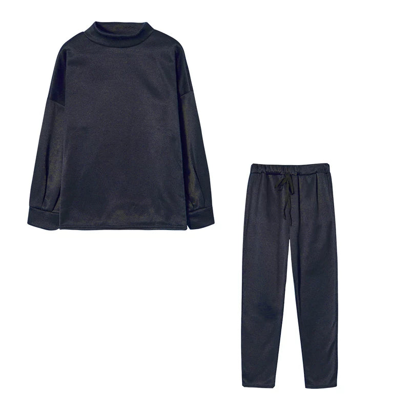 2025 Autumn and Winter Women's Sweater High Collar Casual Pure Color Trousers Two-piece Set
