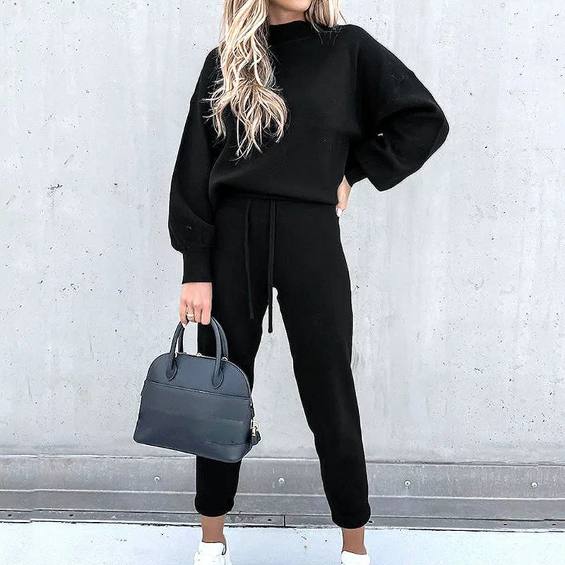 2025 Autumn and Winter Women's Sweater High Collar Casual Pure Color Trousers Two-piece Set