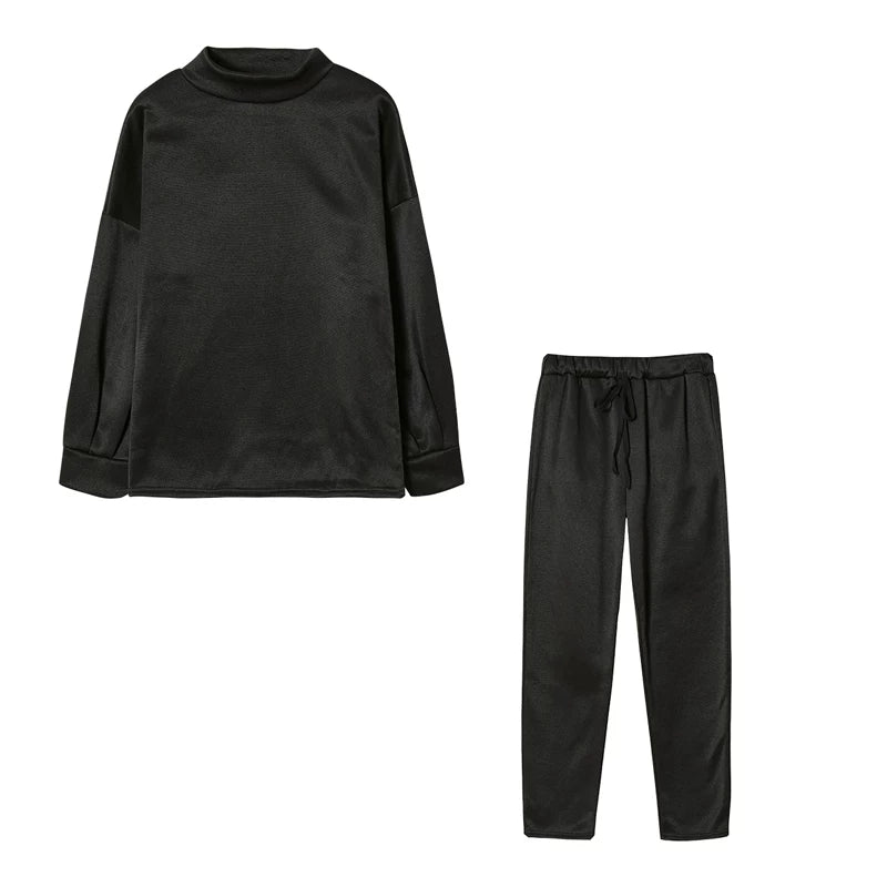 2025 Autumn and Winter Women's Sweater High Collar Casual Pure Color Trousers Two-piece Set