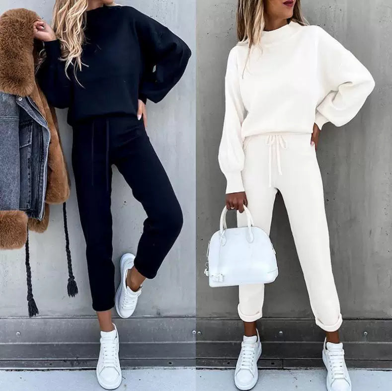 2025 Autumn and Winter Women's Sweater High Collar Casual Pure Color Trousers Two-piece Set