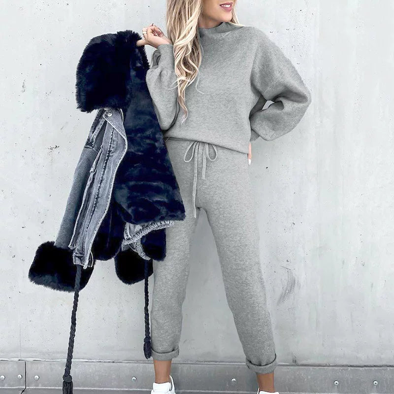 2025 Autumn and Winter Women's Sweater High Collar Casual Pure Color Trousers Two-piece Set