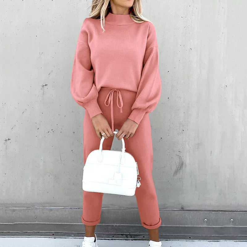 2025 Autumn and Winter Women's Sweater High Collar Casual Pure Color Trousers Two-piece Set