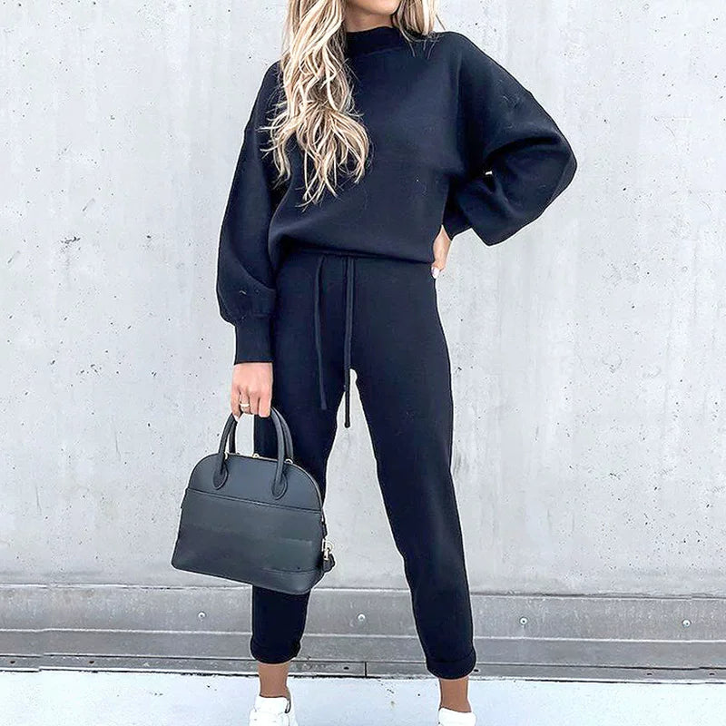 2025 Autumn and Winter Women's Sweater High Collar Casual Pure Color Trousers Two-piece Set
