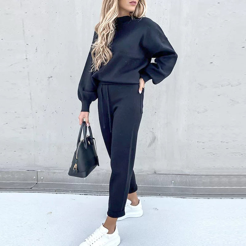2025 Autumn and Winter Women's Sweater High Collar Casual Pure Color Trousers Two-piece Set