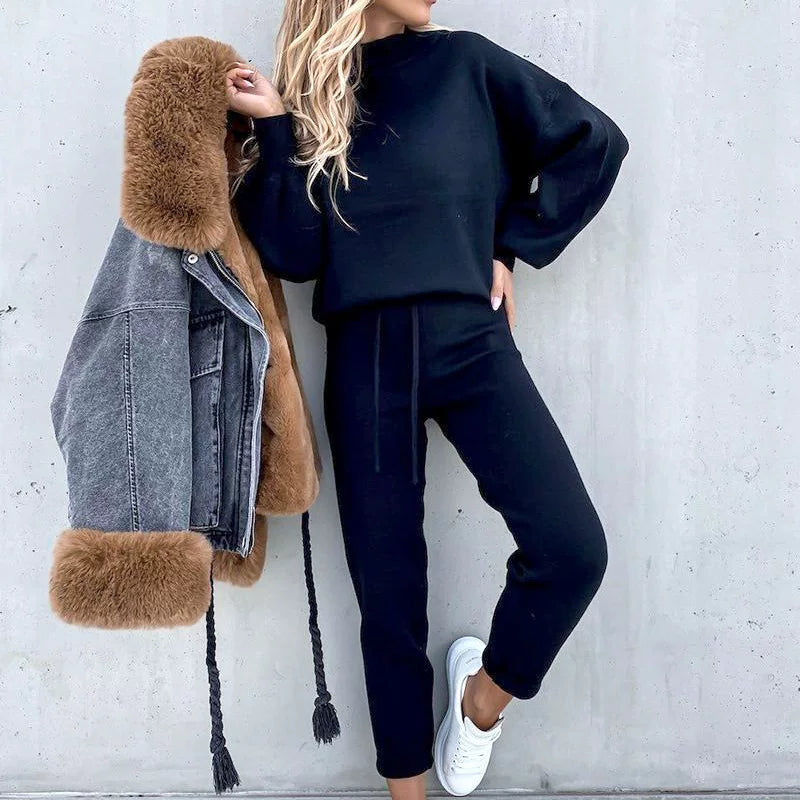 2025 Autumn and Winter Women's Sweater High Collar Casual Pure Color Trousers Two-piece Set