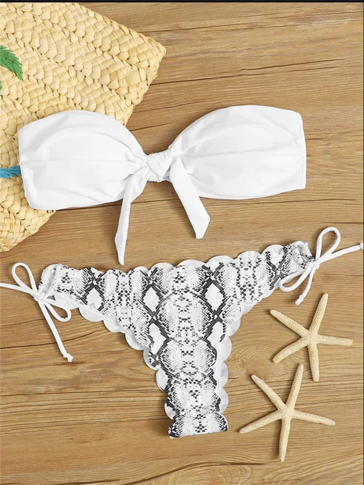 Women’s Leopard Print Push-Up Bikini Set – Sexy Lace-Up Bandeau & Ruffled Thong Swimsuit.
