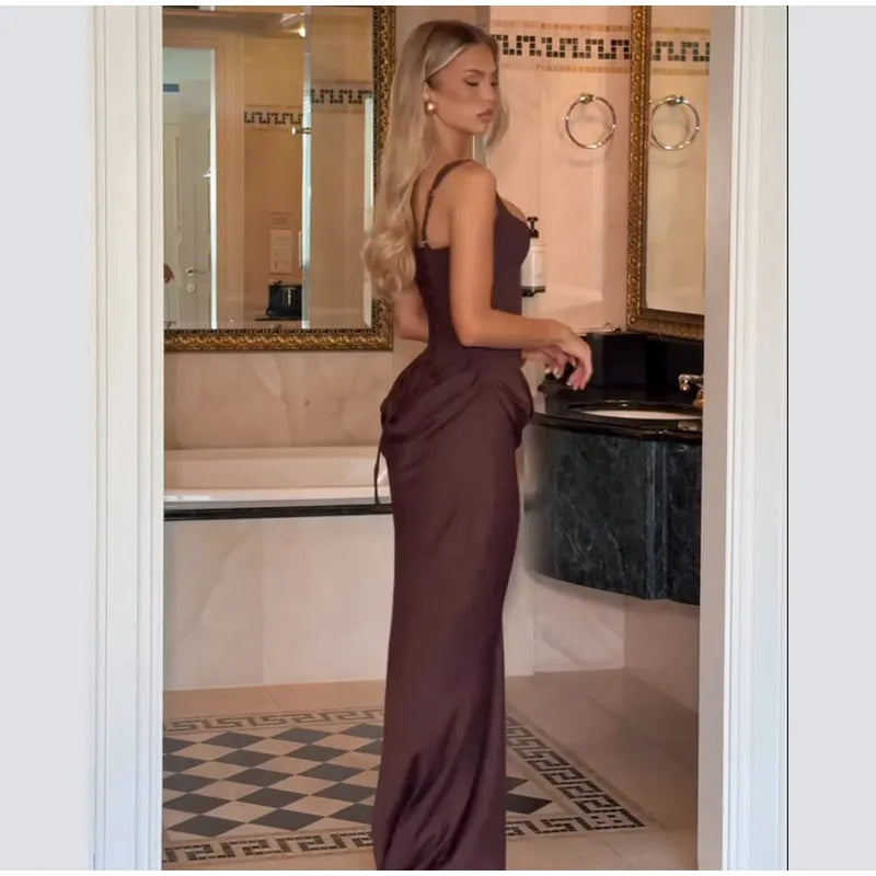 Elegant Solid Corset Sling Pleated Dress Women Brown Sexy Sleeveless Off Shoulder High Waist Maxi Dresses 2025 Lady Party Gown