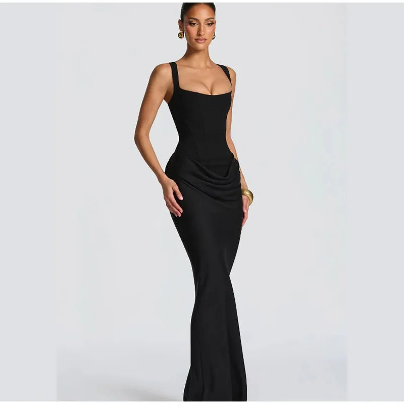 Elegant Solid Corset Sling Pleated Dress Women Brown Sexy Sleeveless Off Shoulder High Waist Maxi Dresses 2025 Lady Party Gown