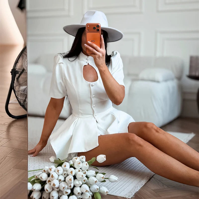 2026 Spring Chic Women Peplum Blazer Elegant High Neck Cutout Puff Sleeves Asymmetric Ruffled Hem Coat Lady Fashion Streetwear