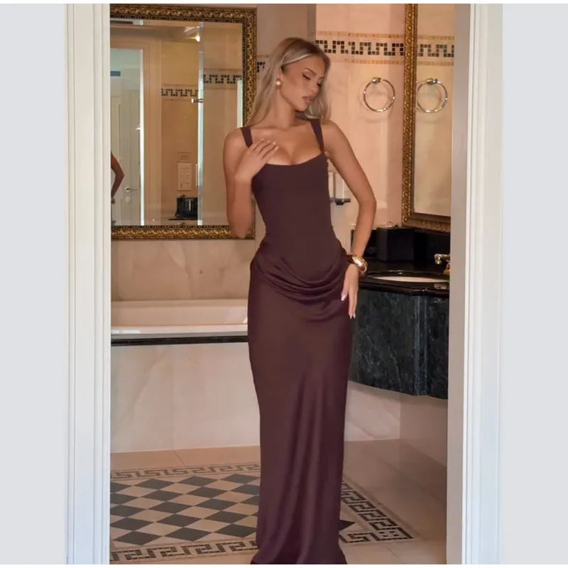 Elegant Solid Corset Sling Pleated Dress Women Brown Sexy Sleeveless Off Shoulder High Waist Maxi Dresses 2025 Lady Party Gown