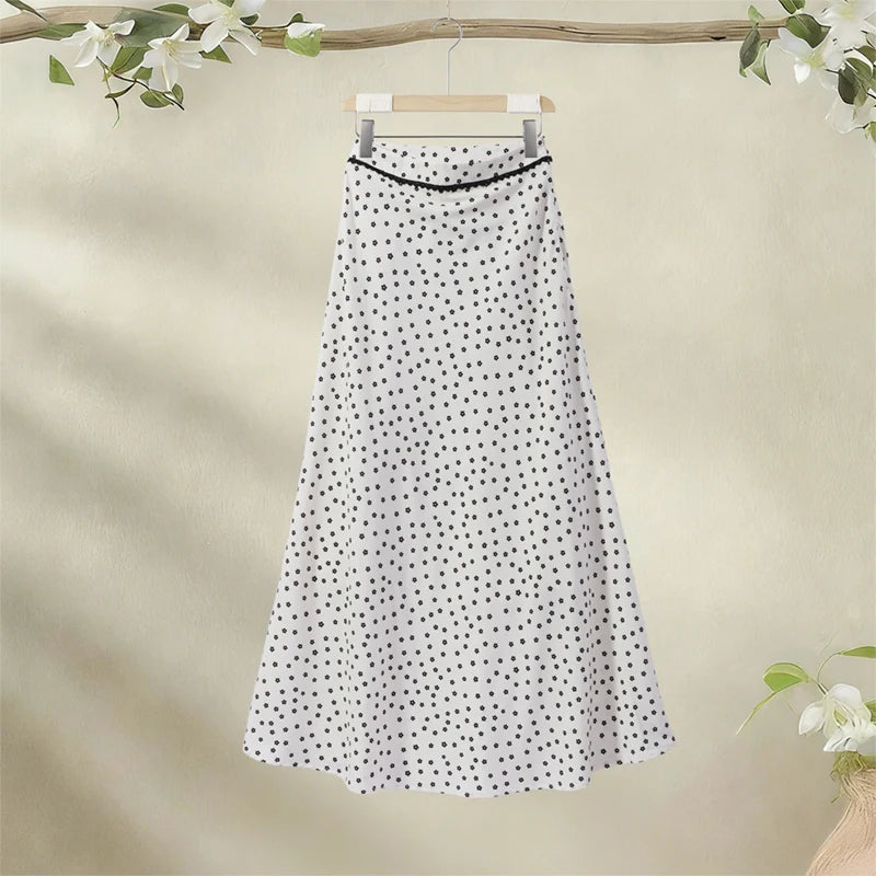 Women's Polka Dot 2-Piece Summer Outfit – Square Neck Lantern Sleeve Crop Top & High-Waist A-Line Maxi Skirt Set