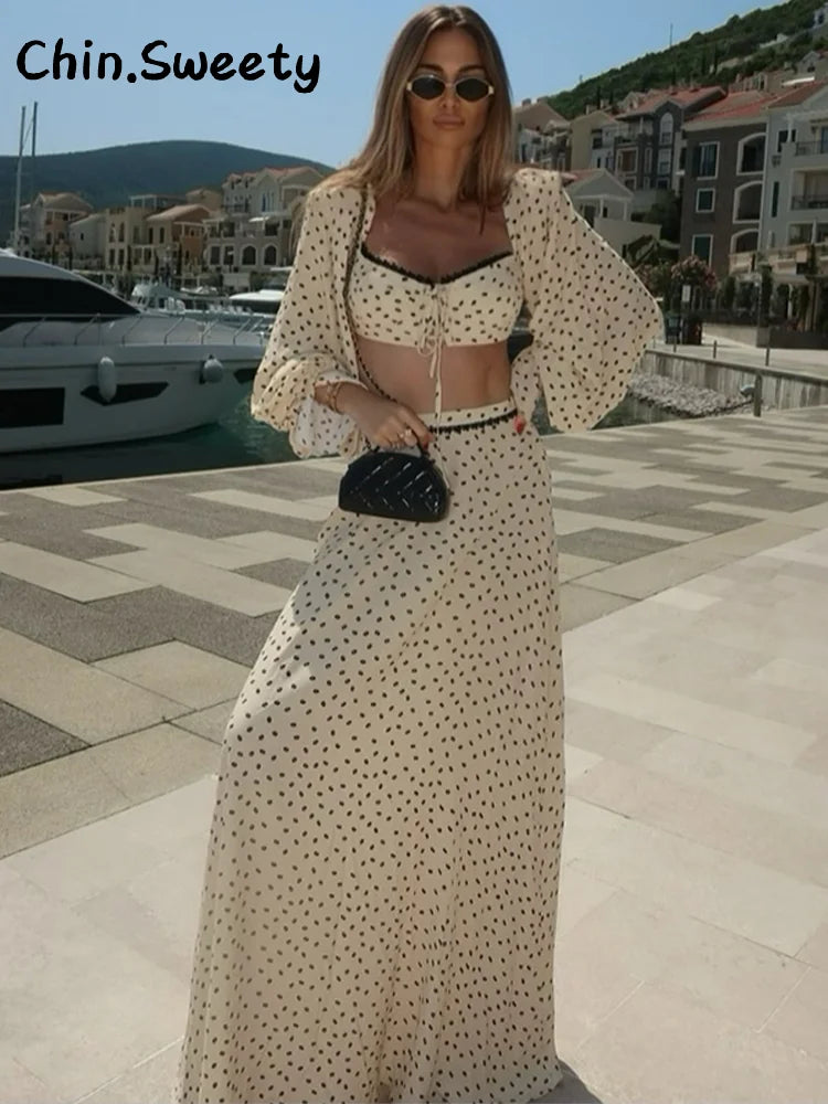 Women's Polka Dot 2-Piece Summer Outfit – Square Neck Lantern Sleeve Crop Top & High-Waist A-Line Maxi Skirt Set