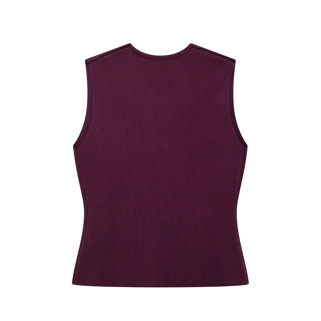 HH 2025 Women Skirt Set Wine Red Knitted V-Neck Sleeveless Slim Vest +Solid High Waist Zipper Patchwork Long Skirt Street