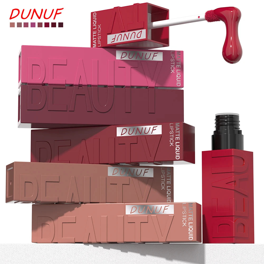 DUNUF Matte Velvet Lip Gloss – Waterproof Plumping Lipstick, 8 Shades