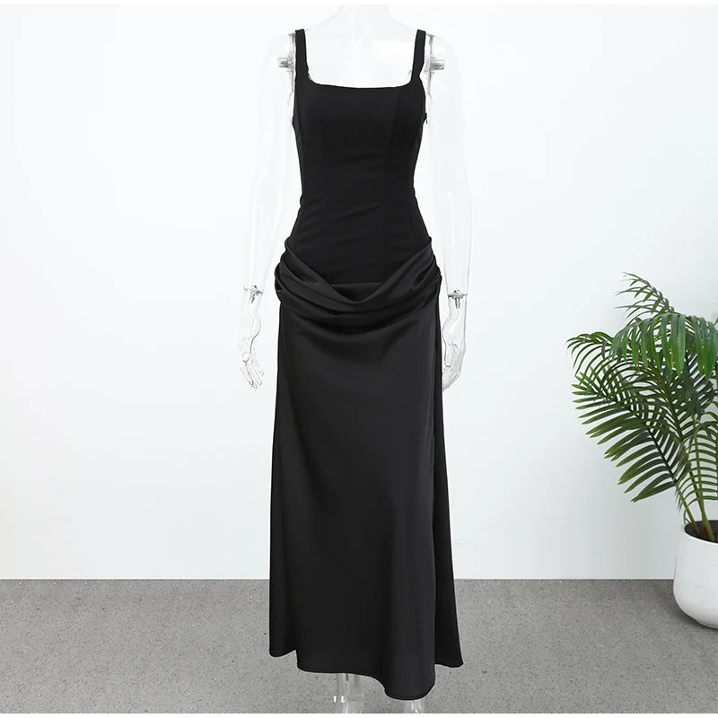 Elegant Solid Corset Sling Pleated Dress Women Brown Sexy Sleeveless Off Shoulder High Waist Maxi Dresses 2025 Lady Party Gown