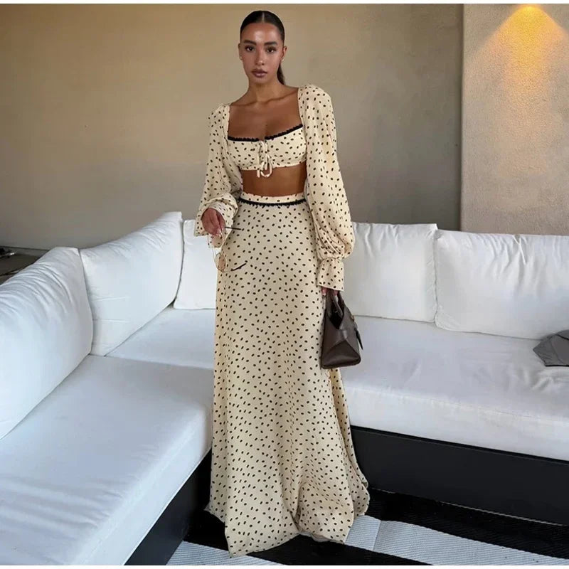 Women's Polka Dot 2-Piece Summer Outfit – Square Neck Lantern Sleeve Crop Top & High-Waist A-Line Maxi Skirt Set