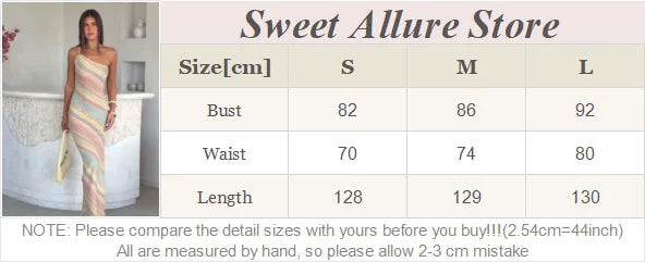 Women Rainbow Diagonal Stripe Maxi Dress One Shoulder Strap Slim Bodycon High Slit Knit Vestido Summer Beach Vacation Outfit