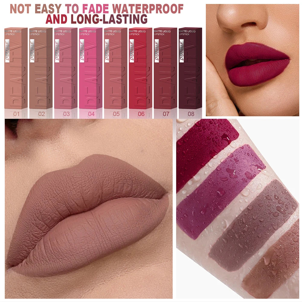DUNUF Matte Velvet Lip Gloss – Waterproof Plumping Lipstick, 8 Shades
