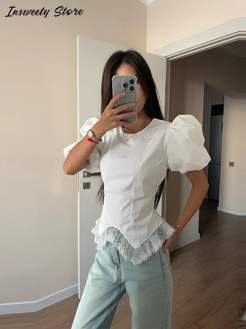 Casual Lace Insert Hem Blouse Women's Puff Sleeve Solid Round Neck Lace Up Zippers Tops 2026 Summer New Lady Fashion Shirt