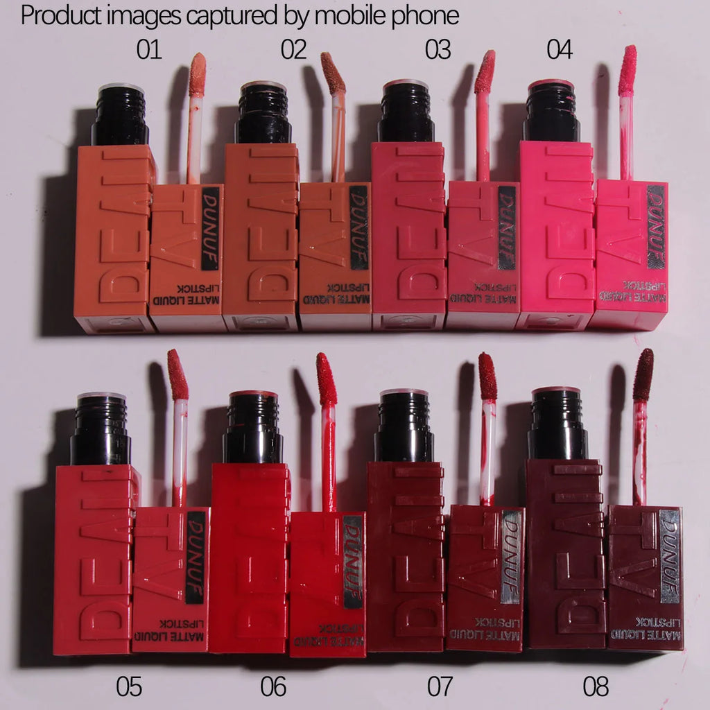 DUNUF Matte Velvet Lip Gloss – Waterproof Plumping Lipstick, 8 Shades
