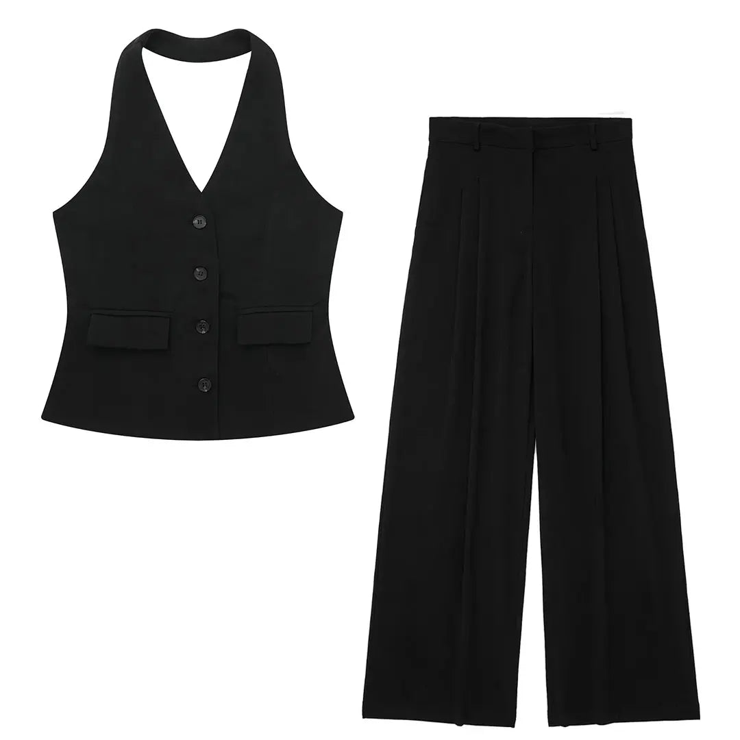 HH Women Fashion Solid Pant Suit Halter Single Breasted Sleeveless Blazer Vest Top Zipper Fly Trousers Office Lady Sets
