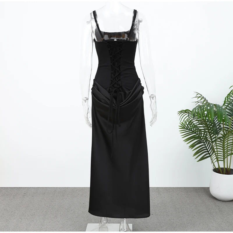 Elegant Solid Corset Sling Pleated Dress Women Brown Sexy Sleeveless Off Shoulder High Waist Maxi Dresses 2025 Lady Party Gown