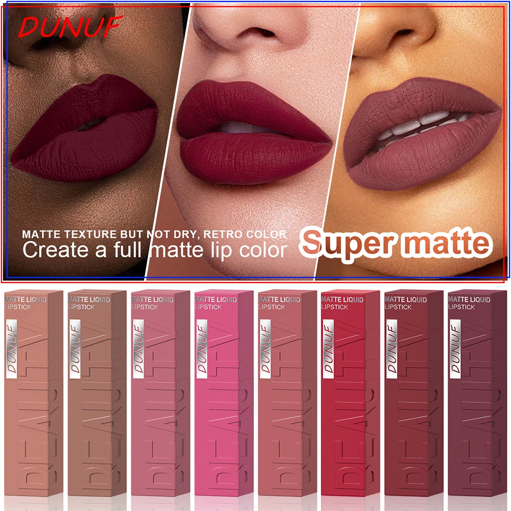 DUNUF Matte Velvet Lip Gloss – Waterproof Plumping Lipstick, 8 Shades