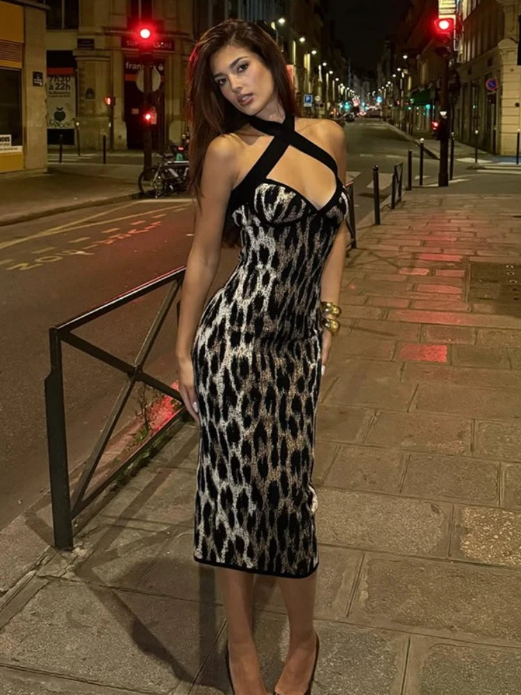 Leopard Halter Bodycon Midi Dress