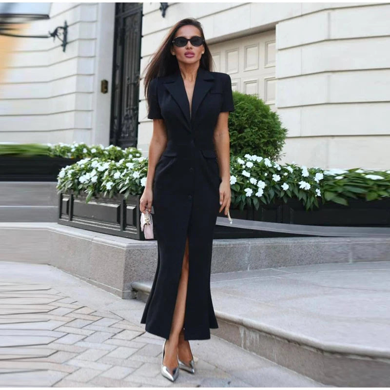 Elegant Single-breasted Blazers Dress 2026 Summer New Slim Waist-cinching Short Sleeve Lapel Long Robes Women's Solid Streetwear