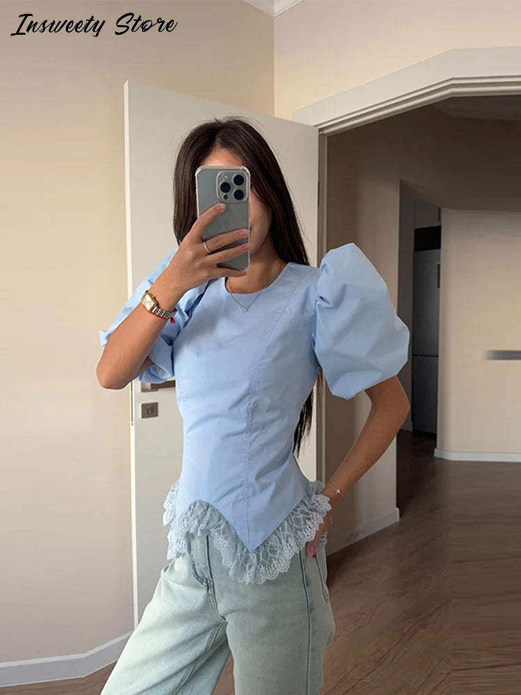 Casual Lace Insert Hem Blouse Women's Puff Sleeve Solid Round Neck Lace Up Zippers Tops 2026 Summer New Lady Fashion Shirt