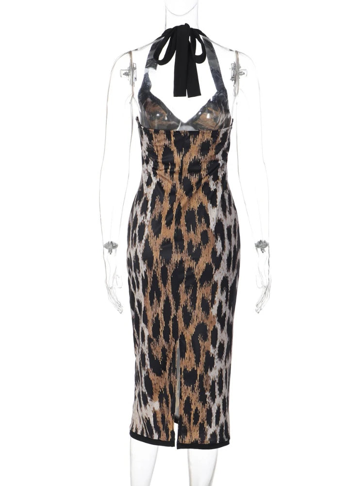 Leopard Halter Bodycon Midi Dress