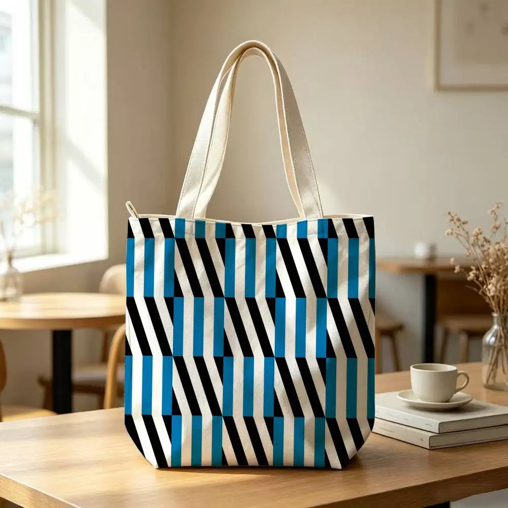 Striped Color-Blocking Art Pattern Tote Bag for Women Reusable Shopping Tote Bag Zippered  Bags Print