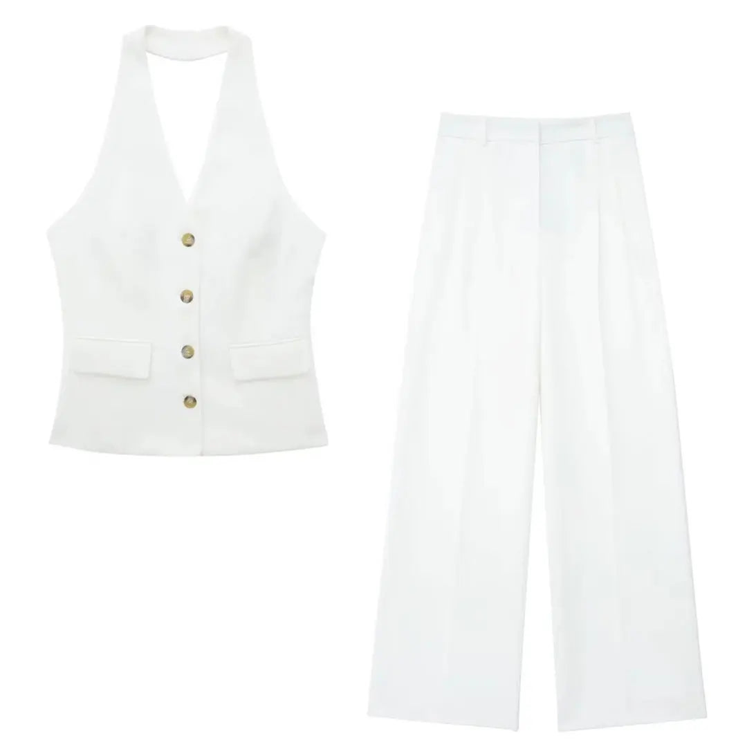 HH Women Fashion Solid Pant Suit Halter Single Breasted Sleeveless Blazer Vest Top Zipper Fly Trousers Office Lady Sets