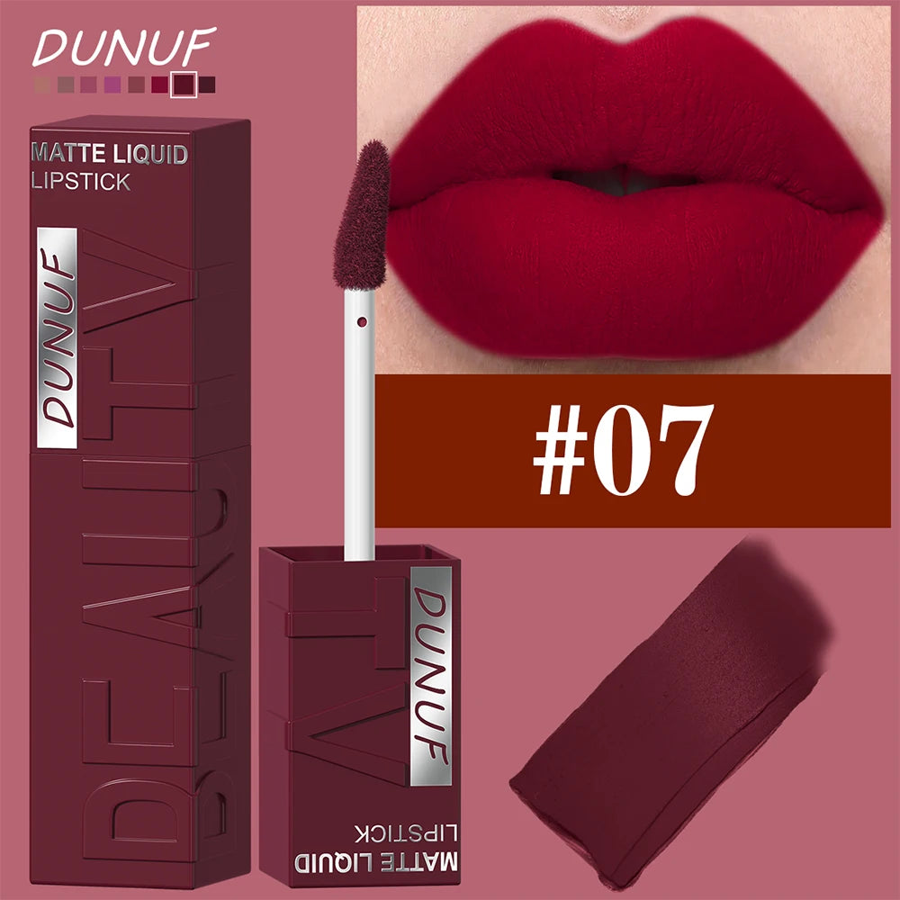 DUNUF Matte Velvet Lip Gloss – Waterproof Plumping Lipstick, 8 Shades