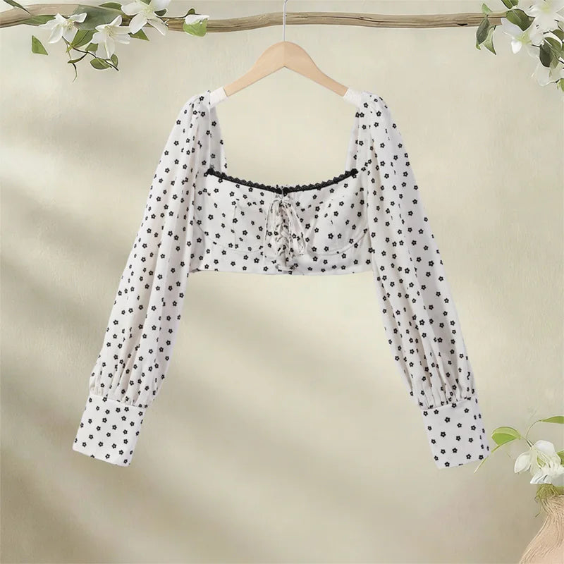 Women's Polka Dot 2-Piece Summer Outfit – Square Neck Lantern Sleeve Crop Top & High-Waist A-Line Maxi Skirt Set