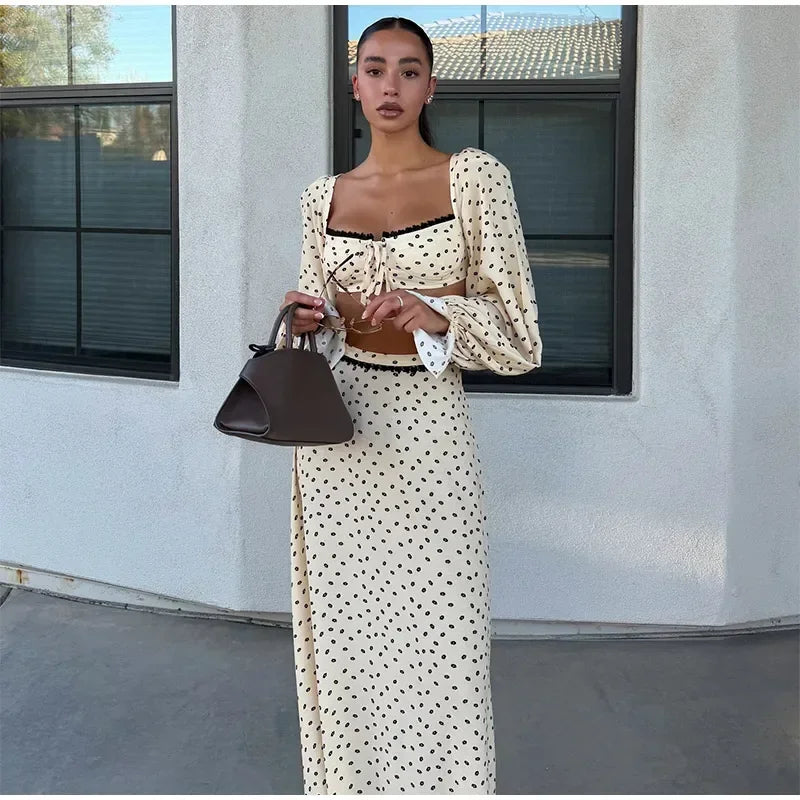 Women's Polka Dot 2-Piece Summer Outfit – Square Neck Lantern Sleeve Crop Top & High-Waist A-Line Maxi Skirt Set