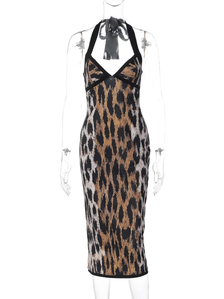 Leopard Halter Bodycon Midi Dress