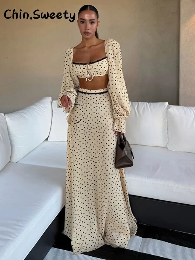 Women's Polka Dot 2-Piece Summer Outfit – Square Neck Lantern Sleeve Crop Top & High-Waist A-Line Maxi Skirt Set