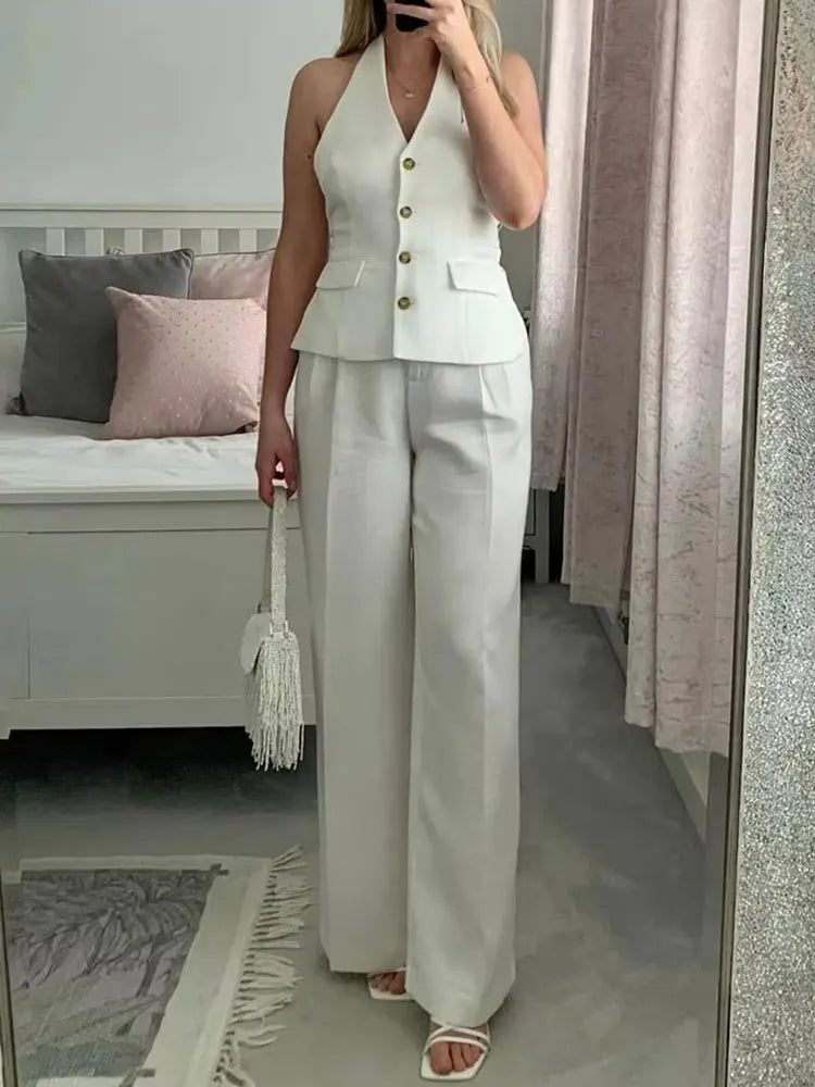 HH Women Fashion Solid Pant Suit Halter Single Breasted Sleeveless Blazer Vest Top Zipper Fly Trousers Office Lady Sets
