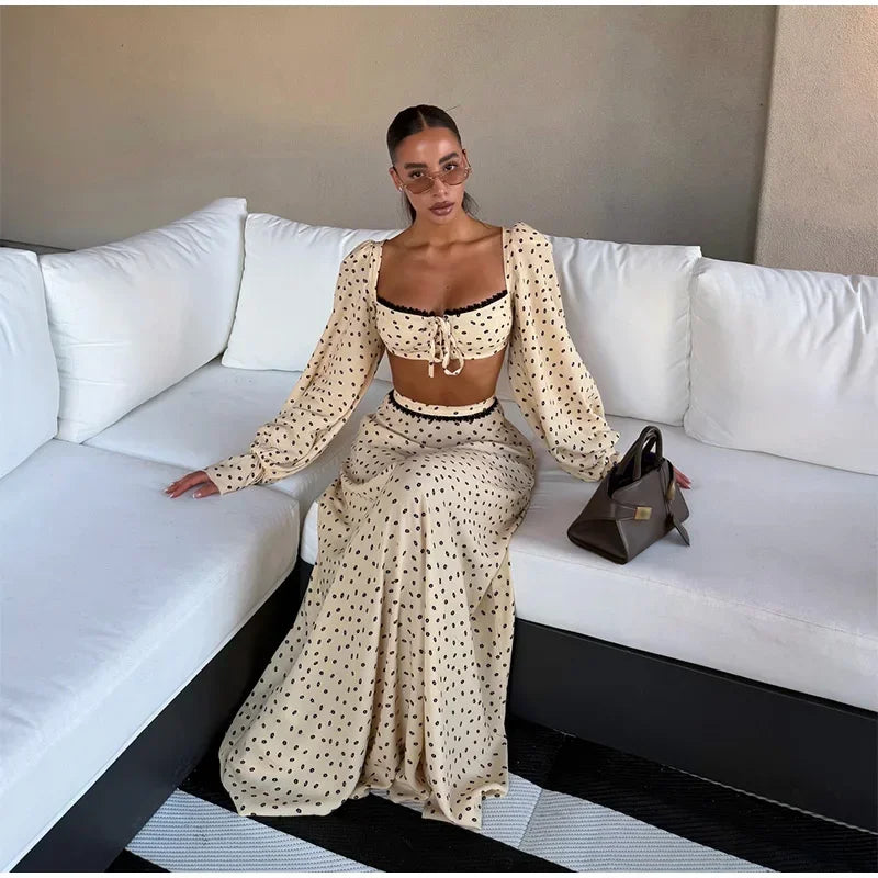 Women's Polka Dot 2-Piece Summer Outfit – Square Neck Lantern Sleeve Crop Top & High-Waist A-Line Maxi Skirt Set