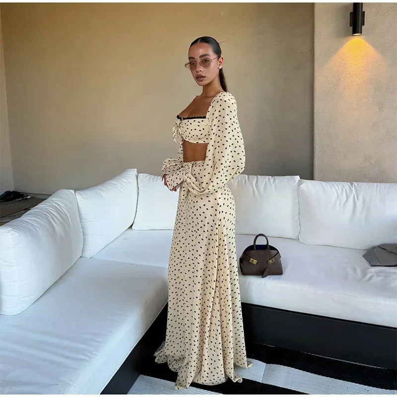 Women's Polka Dot 2-Piece Summer Outfit – Square Neck Lantern Sleeve Crop Top & High-Waist A-Line Maxi Skirt Set
